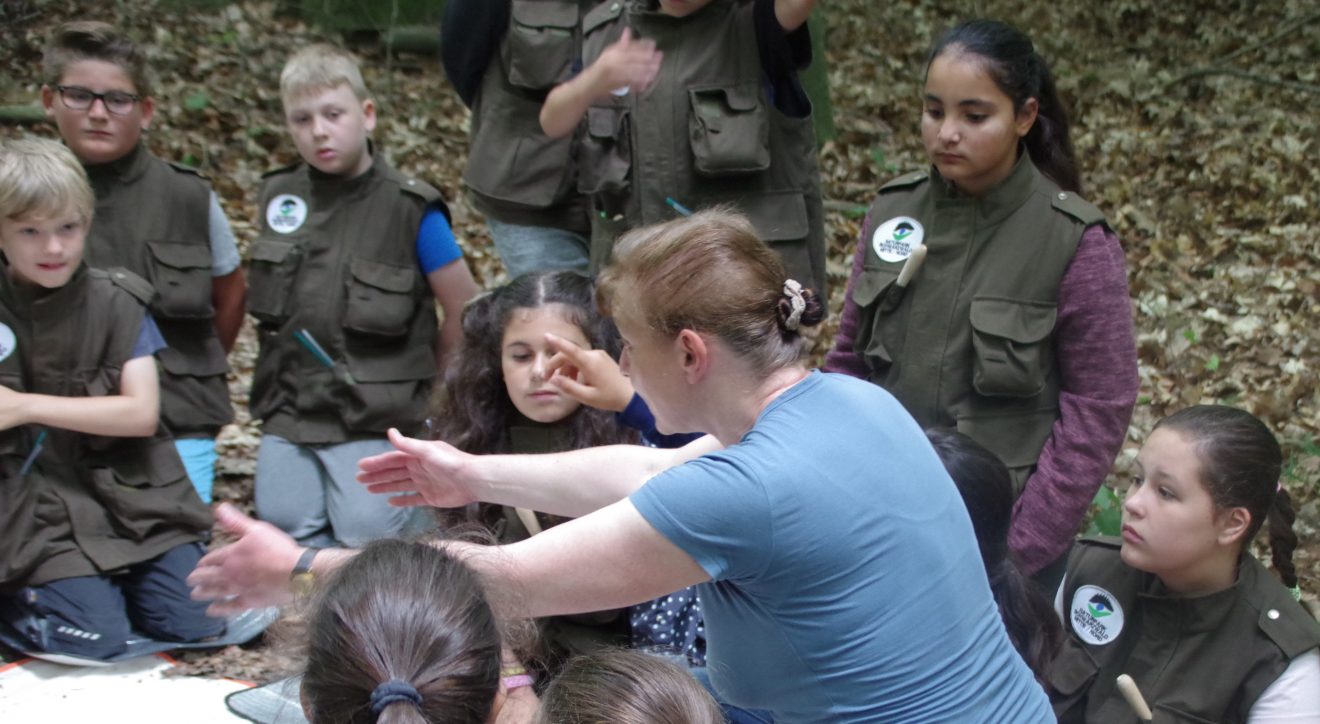 Mit Entdeckerwesten den Waldboden erforschen.
