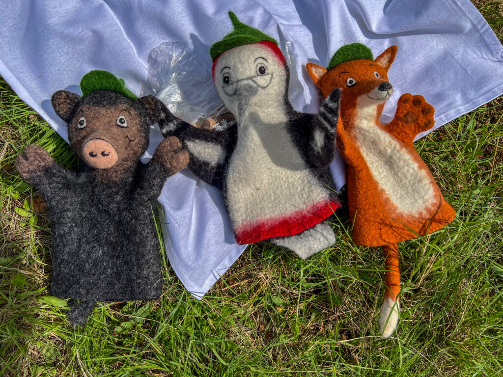 Filzhandpuppen Fuchs, Wildschwein, Buntspecht