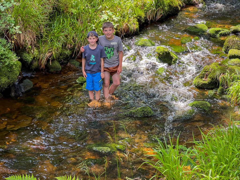 zwei Jungs stehen im Bach