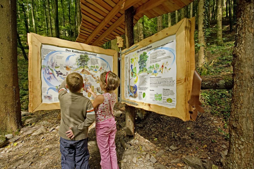 Zwei Kinder stehen vor einer Infotafel.