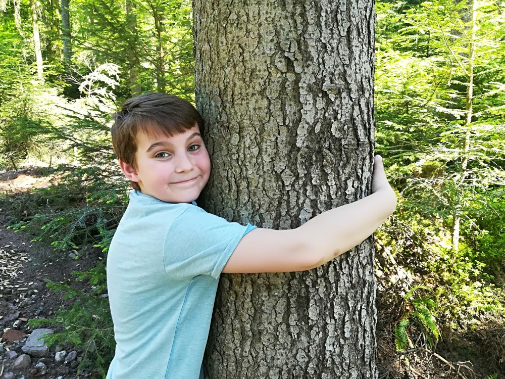 Ein Junge umarmt einen Baumstamm.