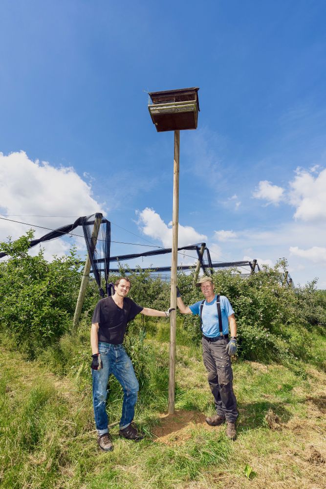 Zwei Männer lehnen an einer Stange mit einem Vogelhäuschen