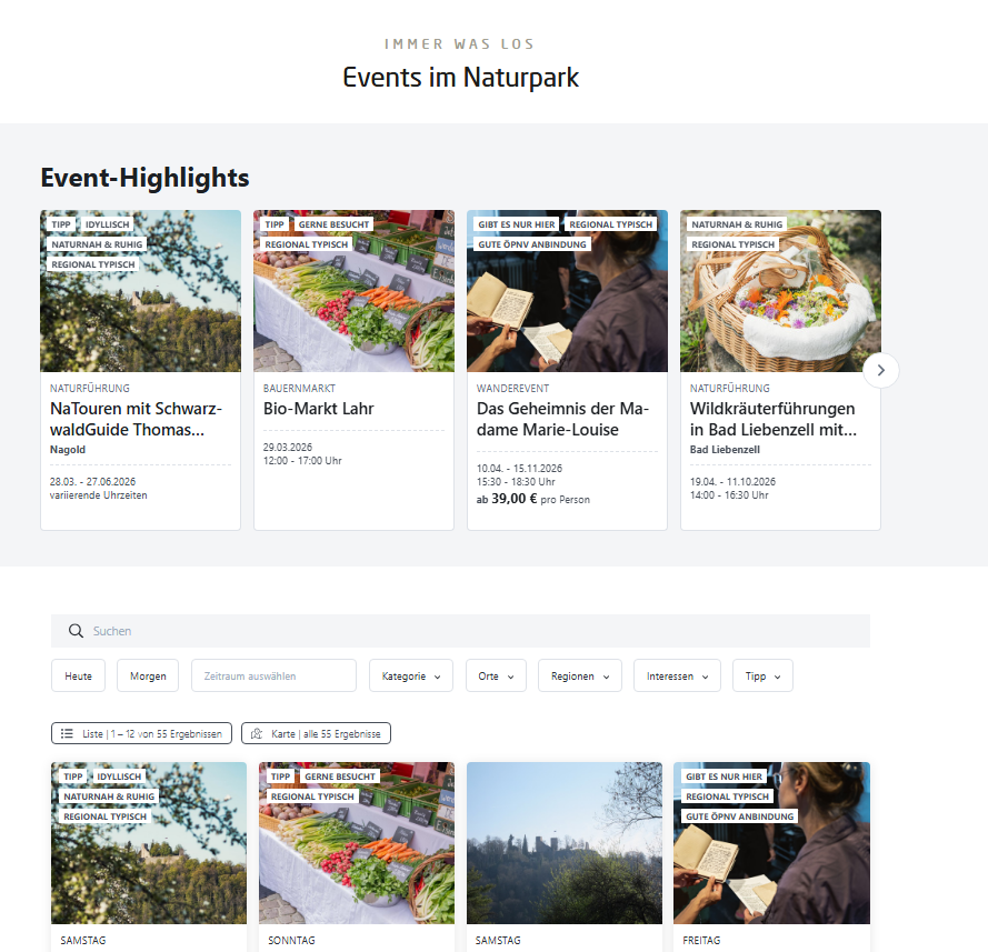 Kacheln mit Infos und Foto zum jeweiligen Event