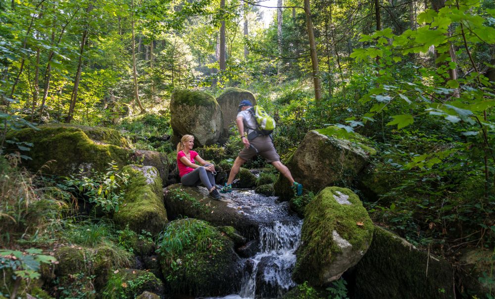 Mann springt über einen Bach im Wald.
