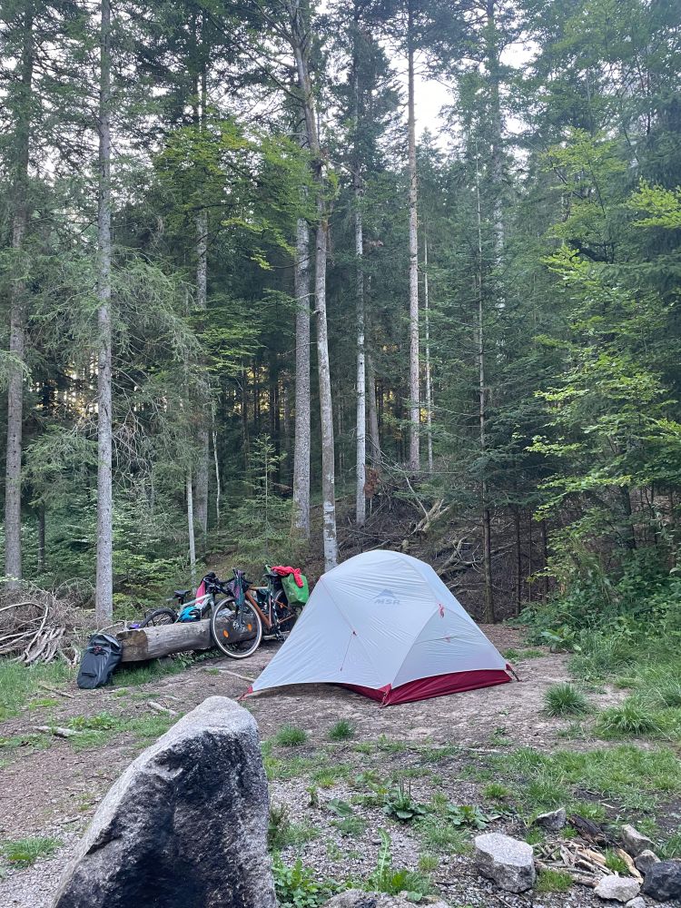 Trekking-Zelt mit Gravel Bikes und Rucksäcken im Wald