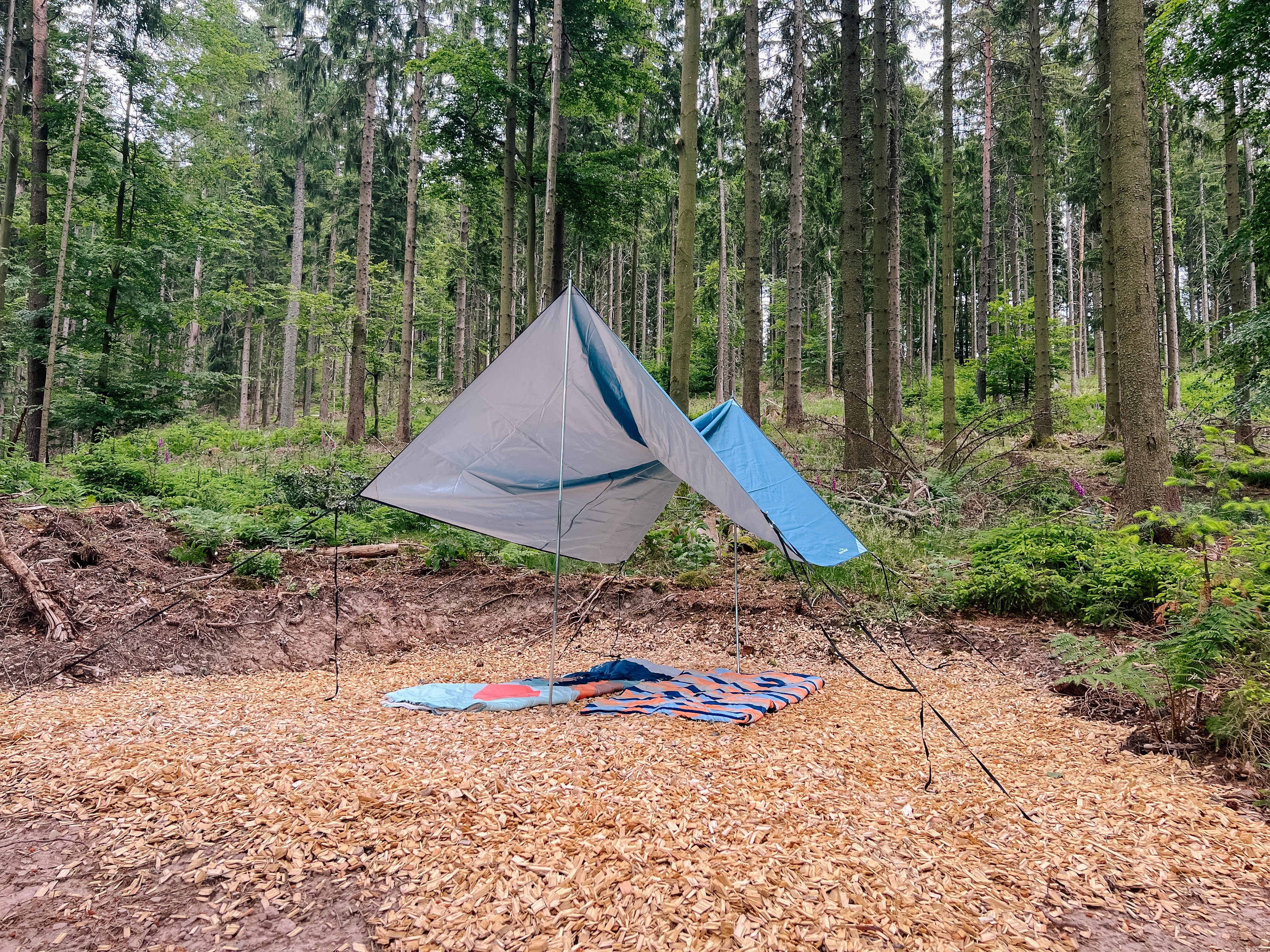 Tarp auf Zeltstellplatz im Wald