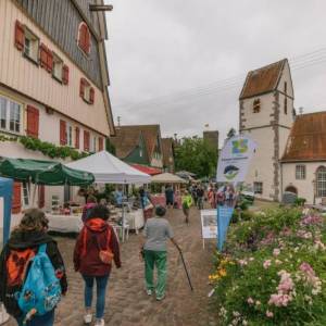 Menschen schauen sich Marktstände an.