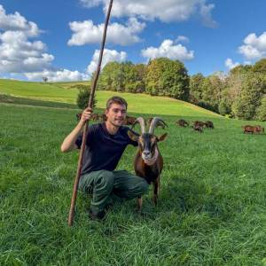 Vincent Mayer mit seinen Ziegen auf der Weide