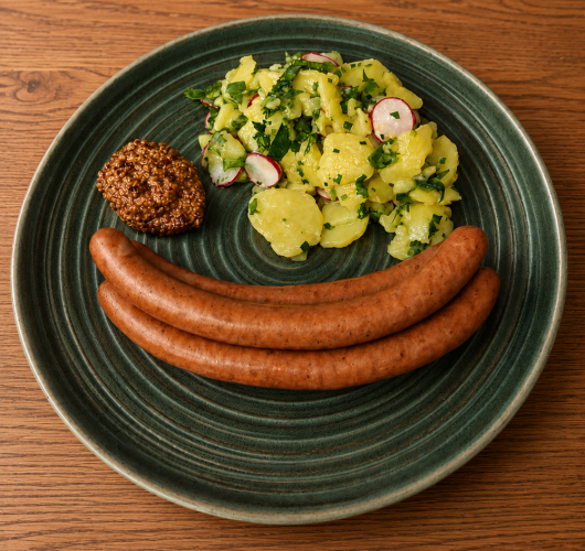 Drei Würste und Kartoffelsalat auf einem Teller