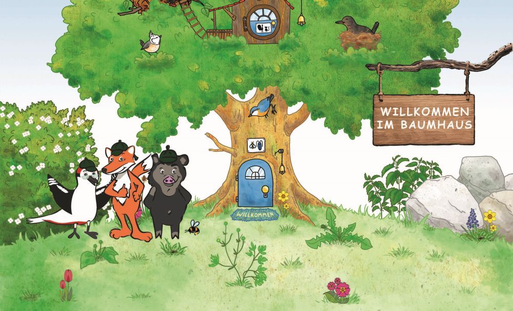 Die drei Naturpark-Detektive vor ihrem Baumhaus