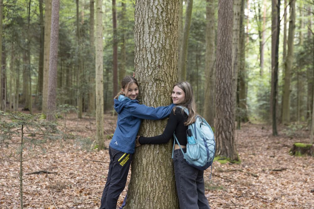 Zwei Mädchen umarmen einen Baum im Wald.