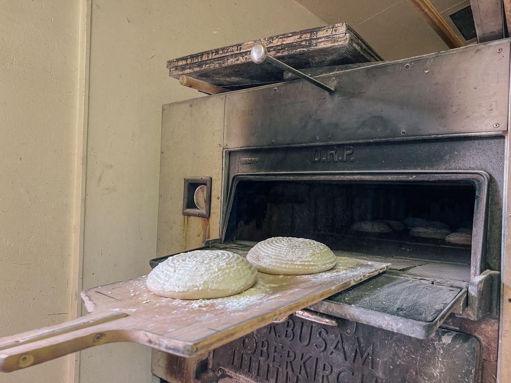 Auf einem Holzschieber werden die Brotlaibe in den Ofen geschossen.