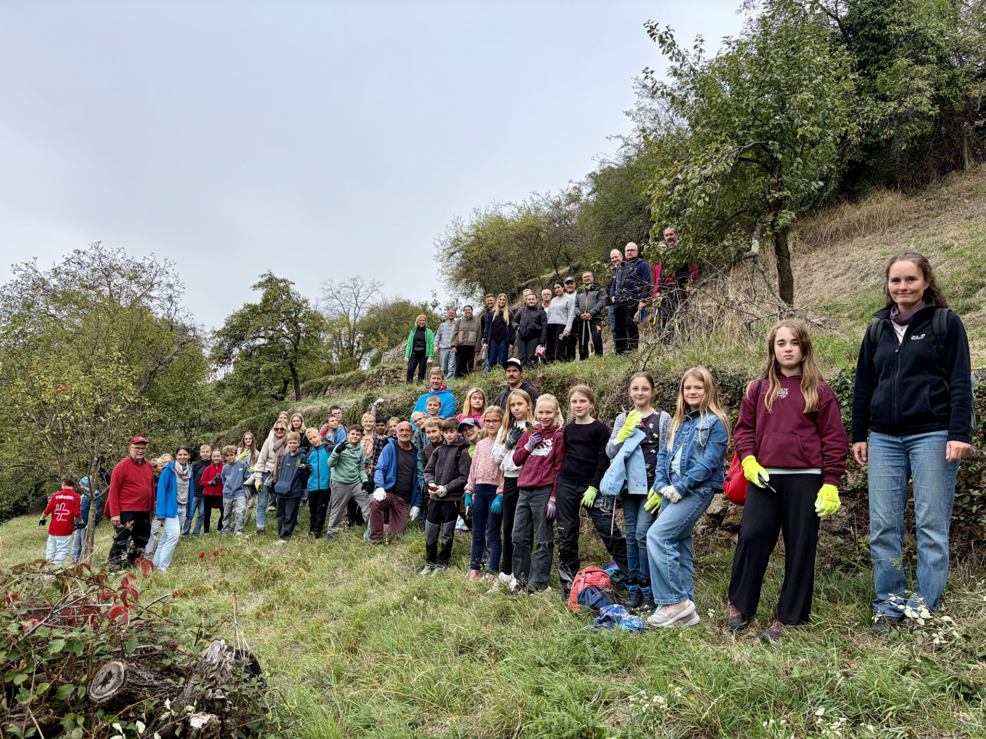 Gruppenbild der Freiwilligen vor den Trockenmauern am Engelsberg in Bühlertal