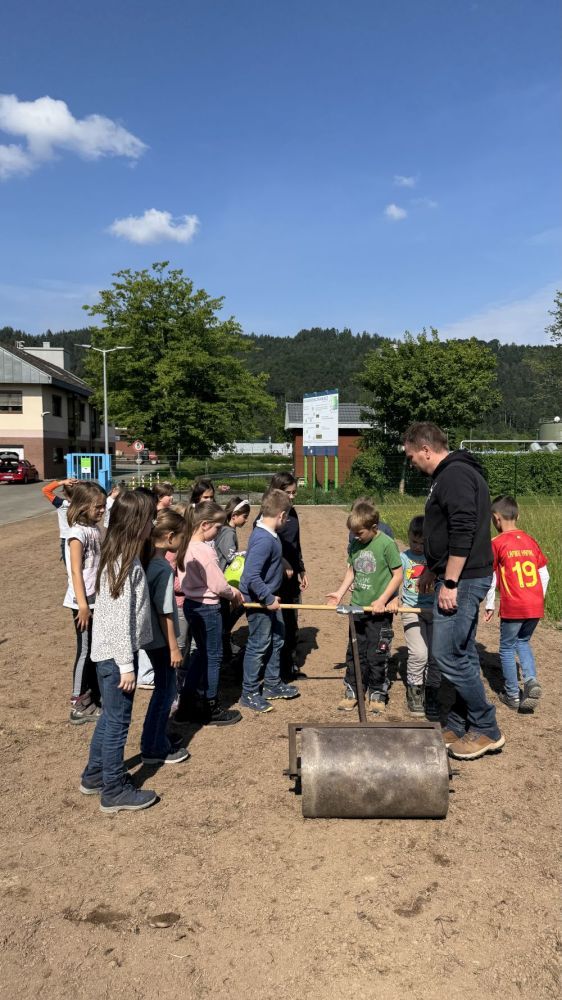 Kinder ziehen eine Walze über eine eingesäte Fläche.