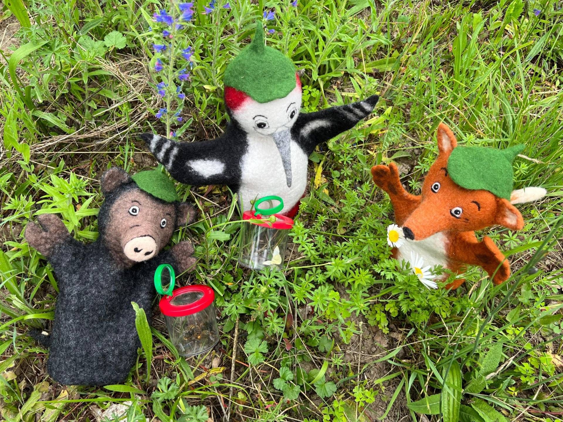Drei Filzpuppen Naturpark-Detektive sitzen mit Becherlupen in einer Wildblumenwiese.