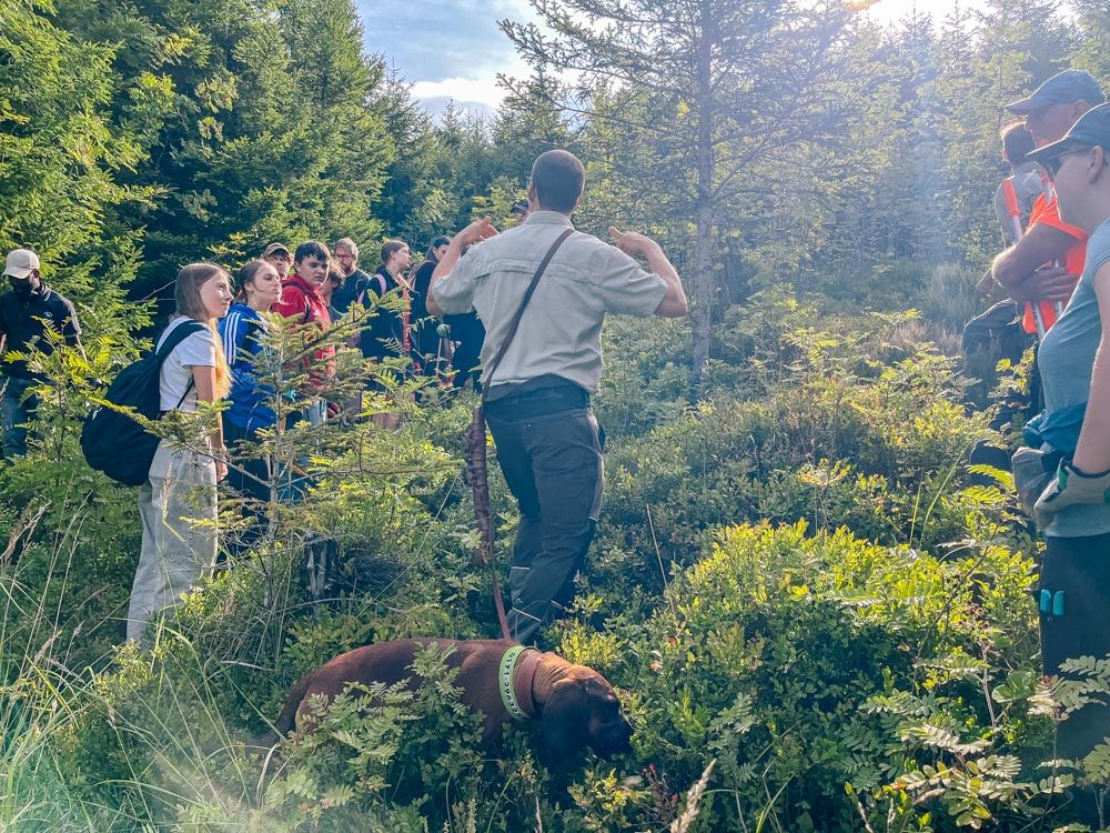 Förster erklärt Jugendlichen bei der Aktion "Ehrensache Baden-Baden" die anstehenden Pflegearbeiten im Wald