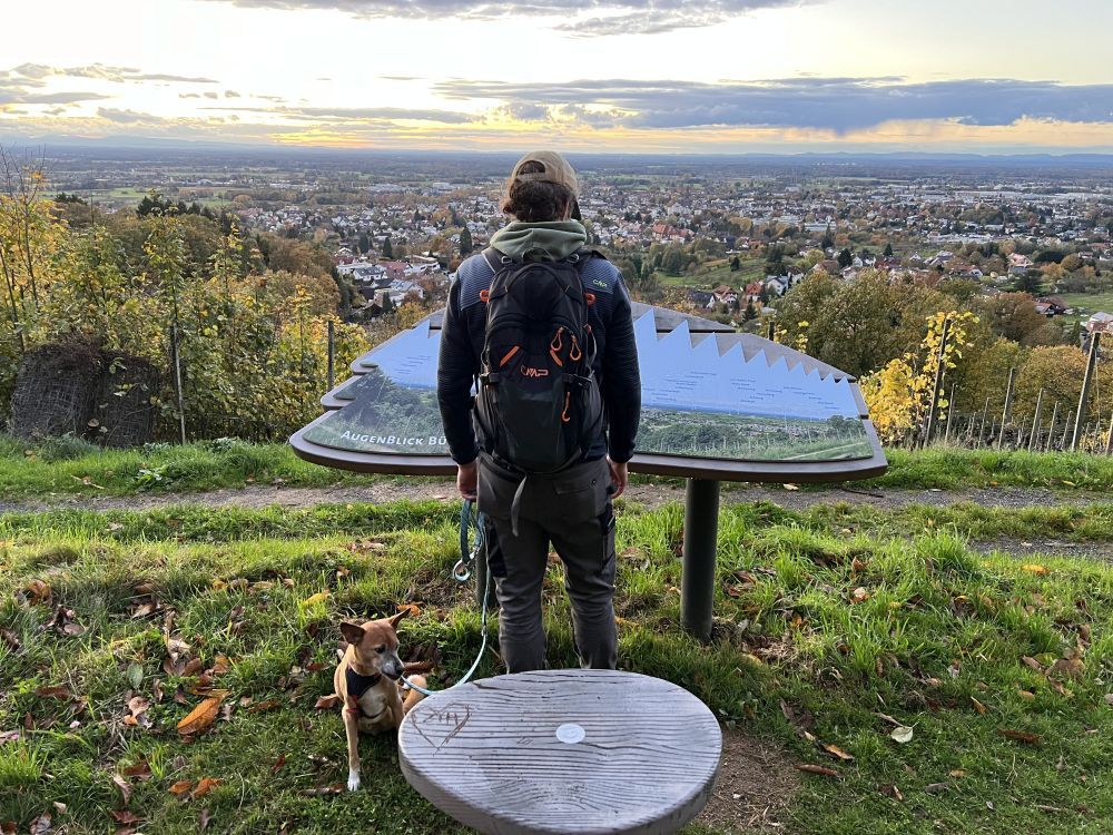 Ein Mann mit Hund steht vor einer Panorama-Tafel und schaut in die Rheinebene.
