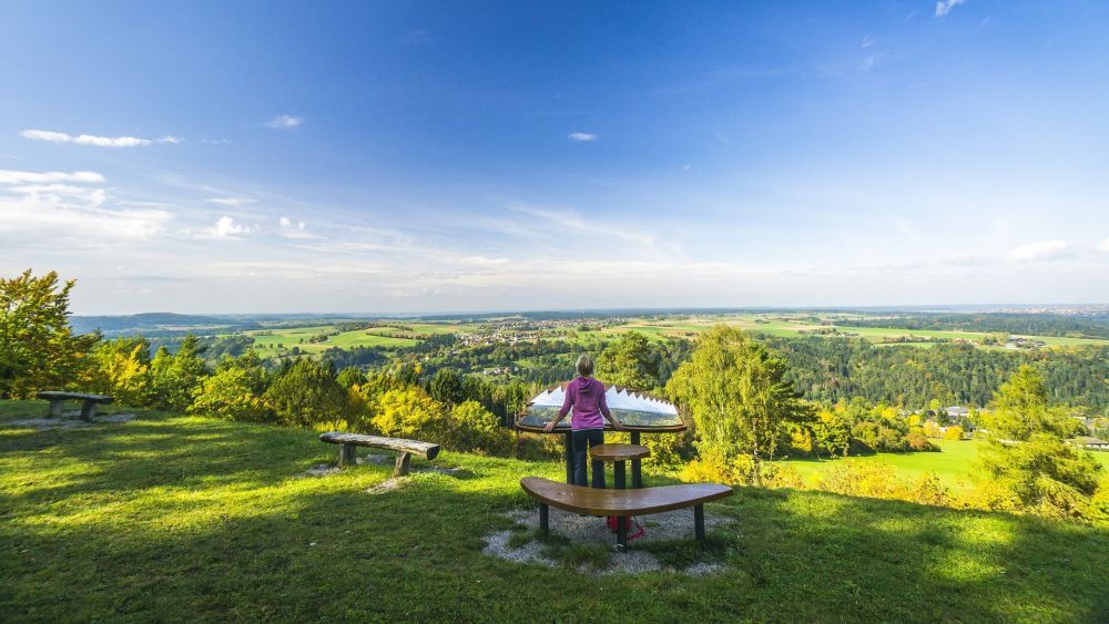 Eine Frau steht vor einer Panoramatafel und blickt auf die Landschaft um Wildberg herum..