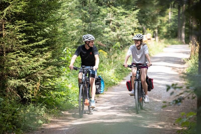 Zwei Radfahrer fahren durch einen Wald.