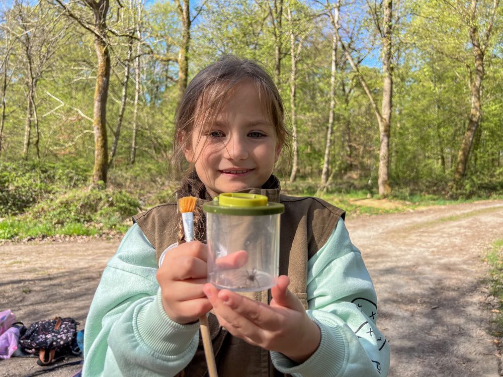 Ein Mädchen zeigt eine in einer Becherlupe gefangene Spinne.