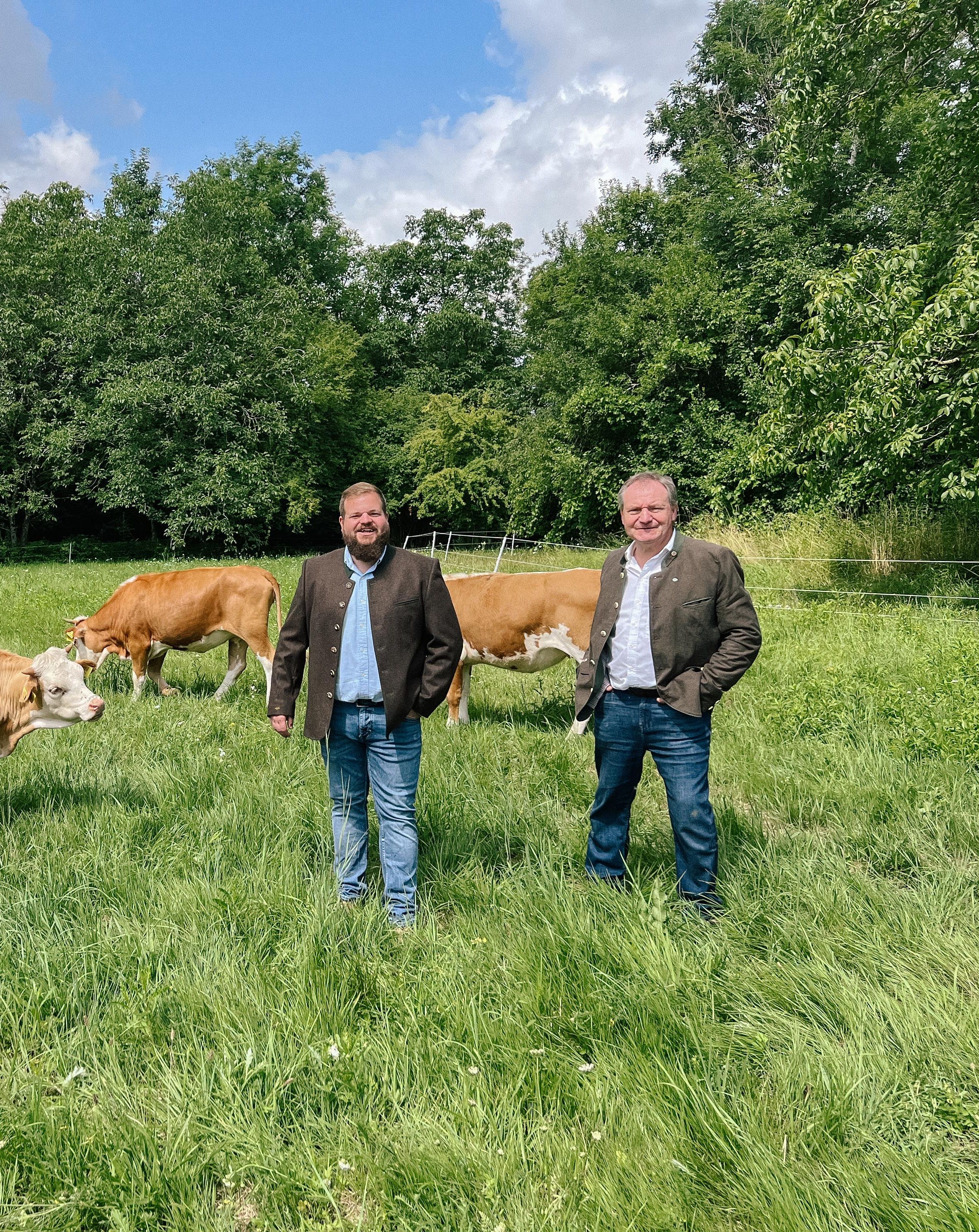 Zwei Männer stehen auf einer Wiese mit Rindern.