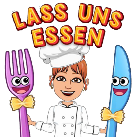 Illustration mit Köchin und dem Text: Lass uns essen
