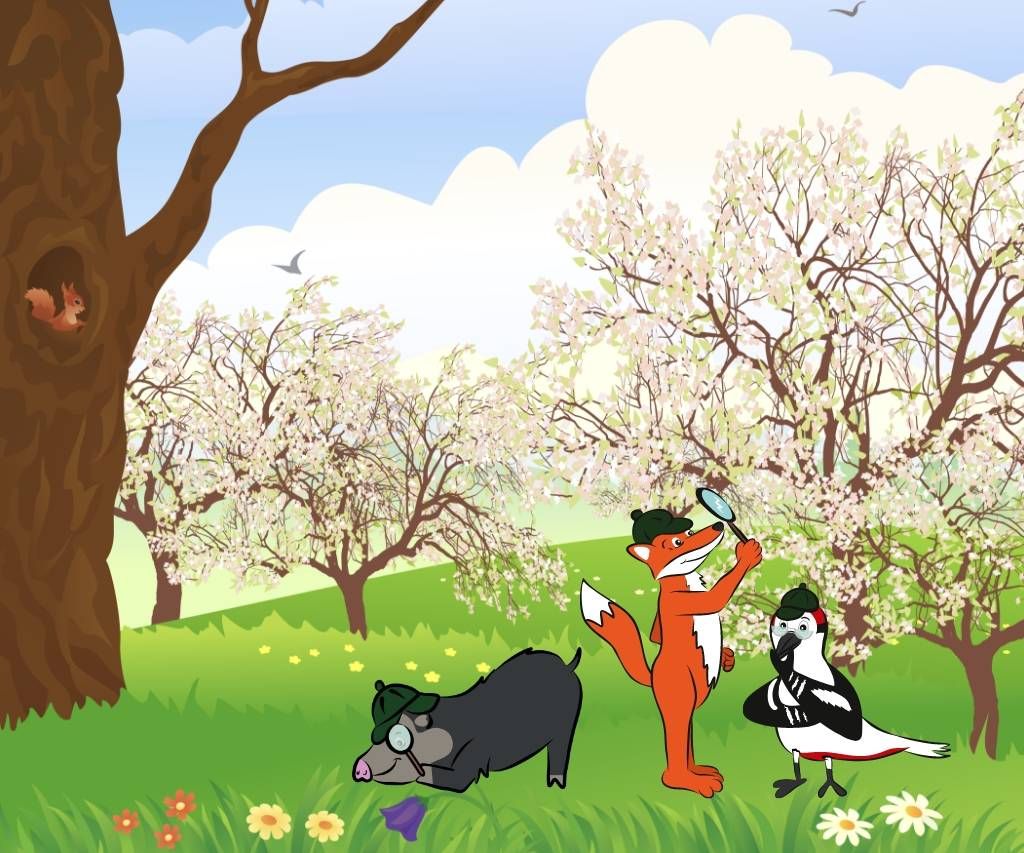 Die drei Naturpark-Detektive erforschen mit der Lupe eine blühende Obstwiese. Bildrechte: Naturpark Schwarzwald Mitte/Nord e. V.; frei zur einmaligen Verwendung nur in Verbindung mit einer redaktionellen Berichterstattung über den Naturpark.