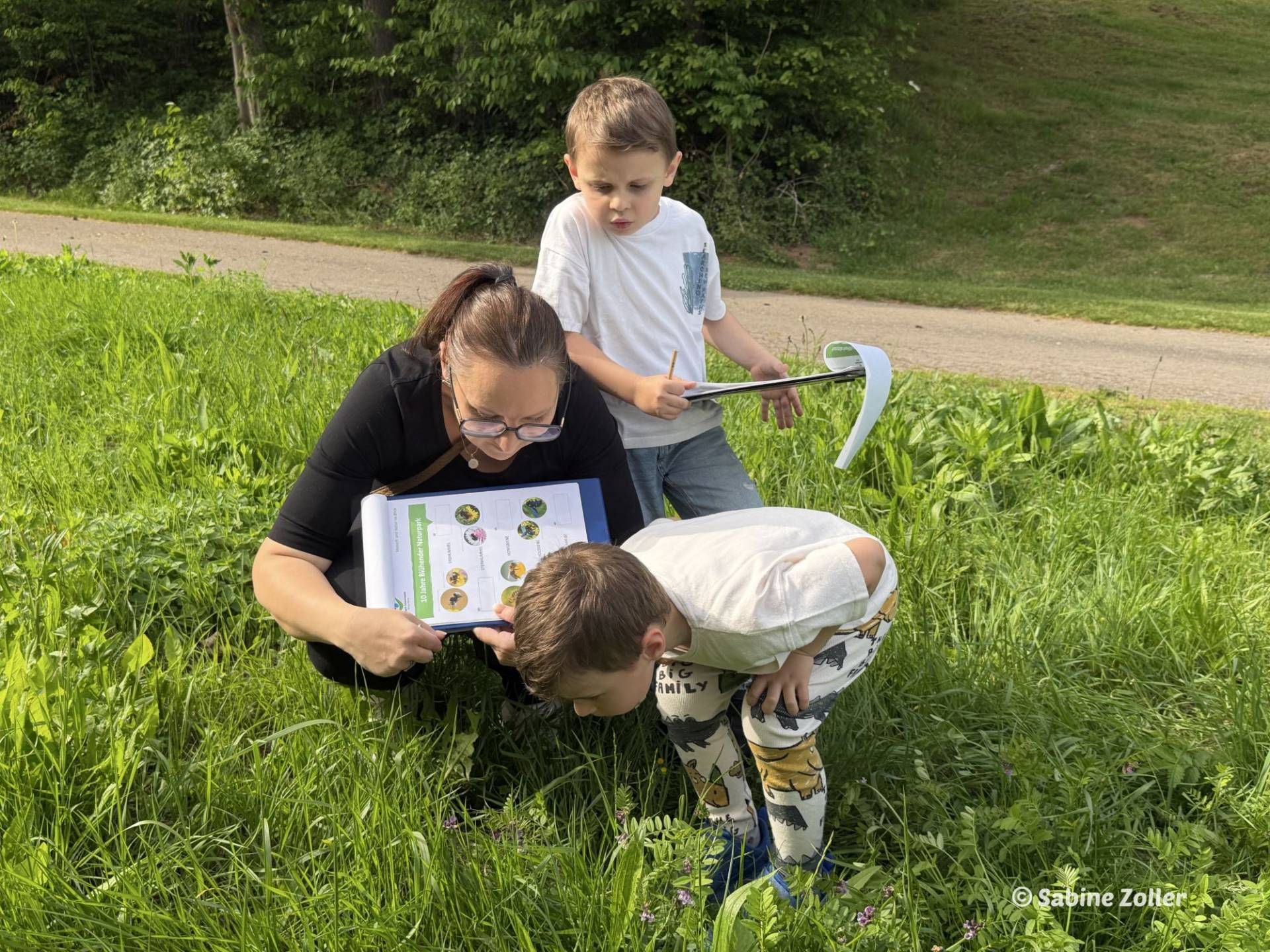 Eine Frau untersucht mit zwei Kindern eine Wildblumenwiese