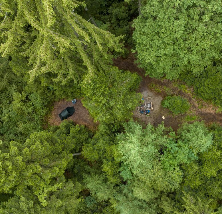 Ein Zelt und eine Grillstelle im Wald sind aus der Vogelperspektive zu sehen. 