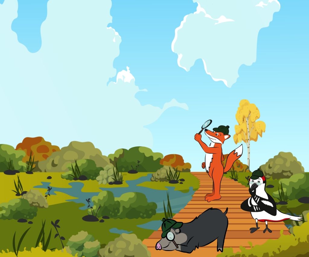 Die Naturpark-Detektive untersuchen die Moorlandschaft von einem Holzbohlenweg aus.