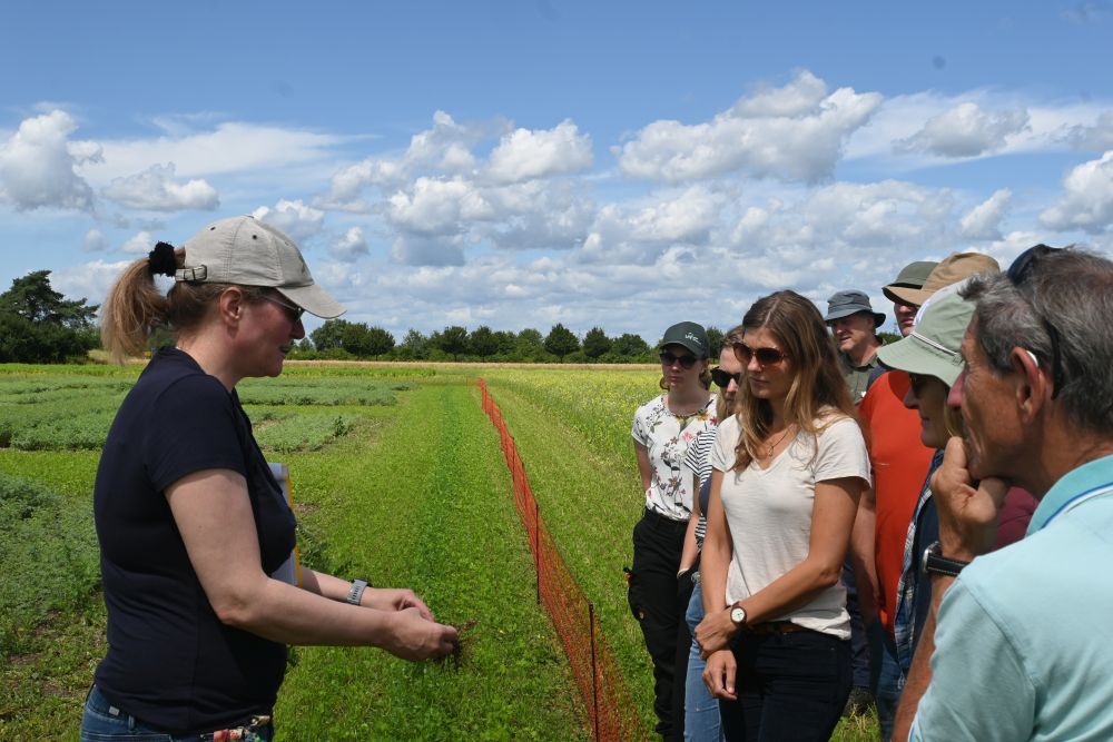 Eine Frau erklärt einer Gruppe von Menschen etwas auf einem Feld.