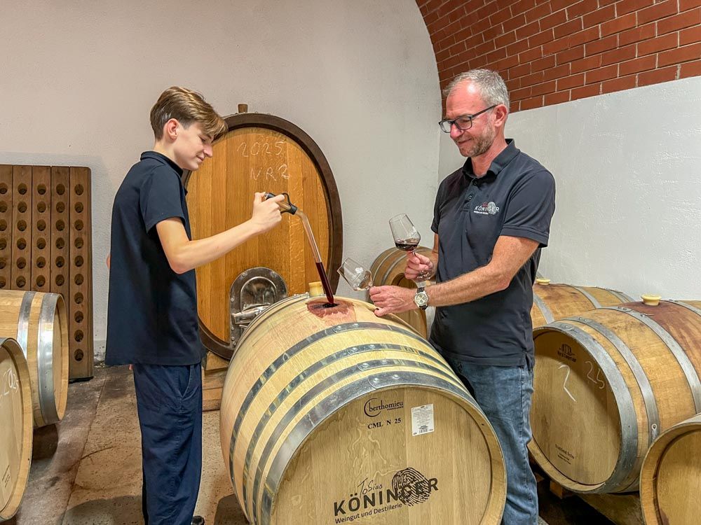 Tobias Köninger und sein Sohn entnehmen eine Weinprobe aus einem Eichenfass.