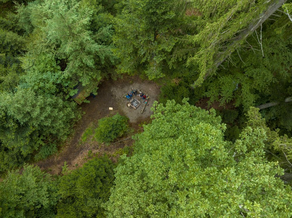 Grillstelle mitten im Wald aus der Vogelperspektive