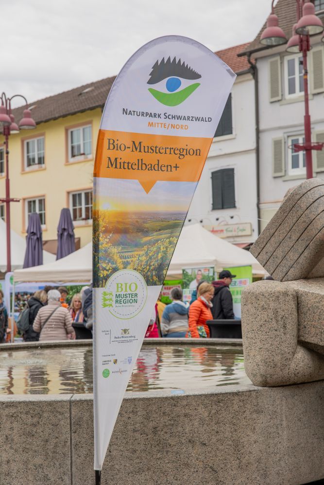 Beach-flag der Bio-Musterregion Mittelbaden+ steht vor einem Brunnen im Stadtzentrum von Lahr.