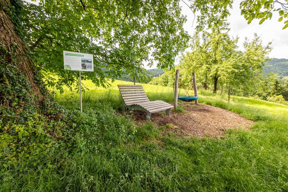 Sonnenliege mit Infotafel und Schaukel