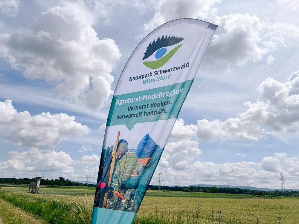 Naturpark-Beach-flag zum Agroforst-Projekt steht auf einem Acker